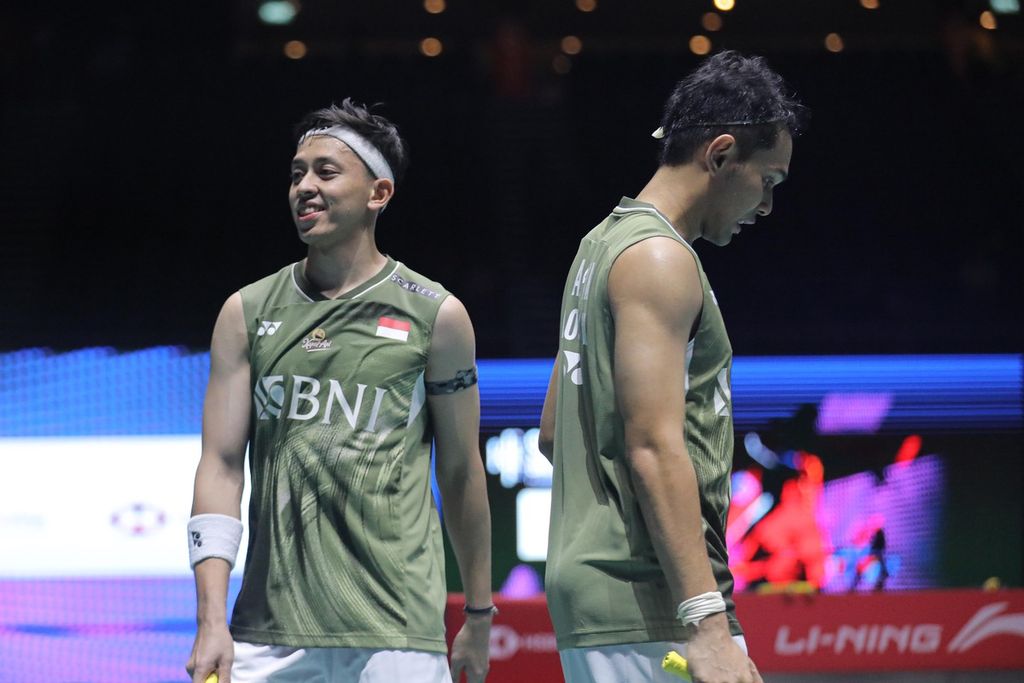 Fajar Alfian/Muhammad Rian Ardianto saat pertandingan final Singapura Terbuka di Singapore Indoor Stadium, Minggu (2/6/2024). Fajar/Rian menjadi andalan Indonesia di Olimpiade Paris 2024.