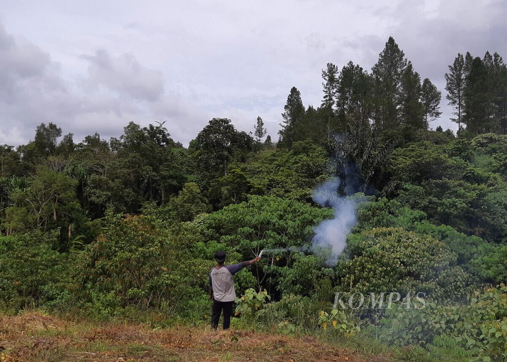 Tim mitigasi konflik menembakkan mercon ke udara untuk mengusir gajah liar dari perkampungan di Desa Blang Rakal, Kecamatan Pintu Rime Gayo, Kabupaten Bener Meriah, Aceh, Kamis (2/12/2021).