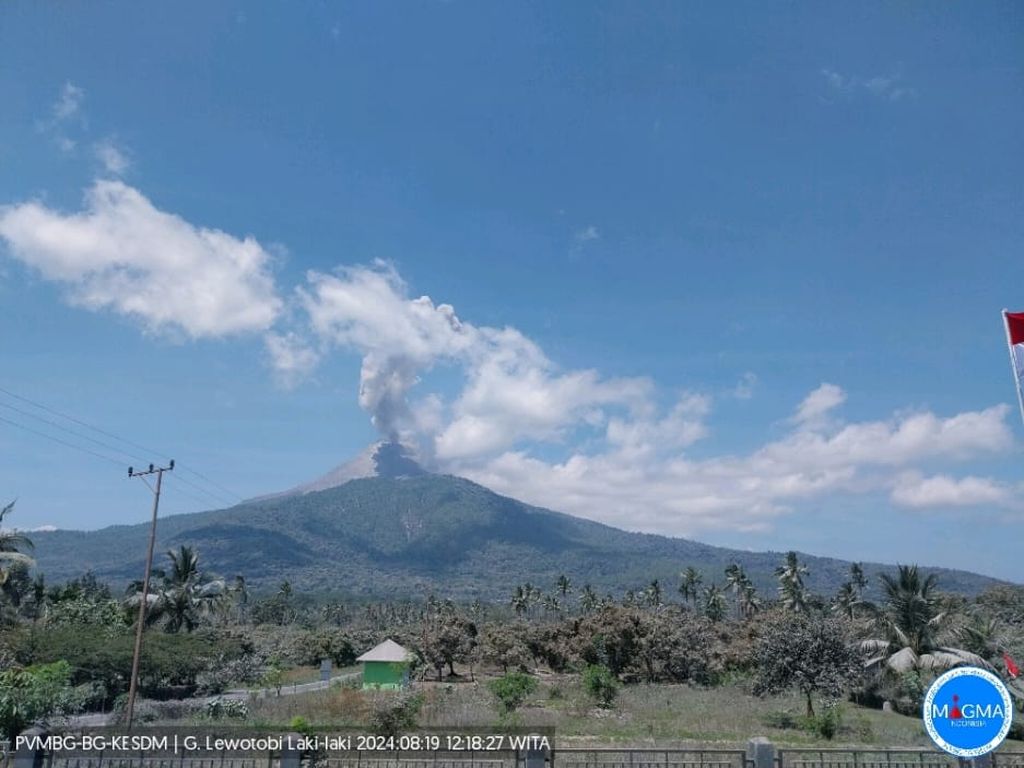 Gunung Lewotobi Laki-laki di Kabupaten Flores Timur, Nusa Tenggara Timur, mengalami erupsi pada Senin (19/8/2024).