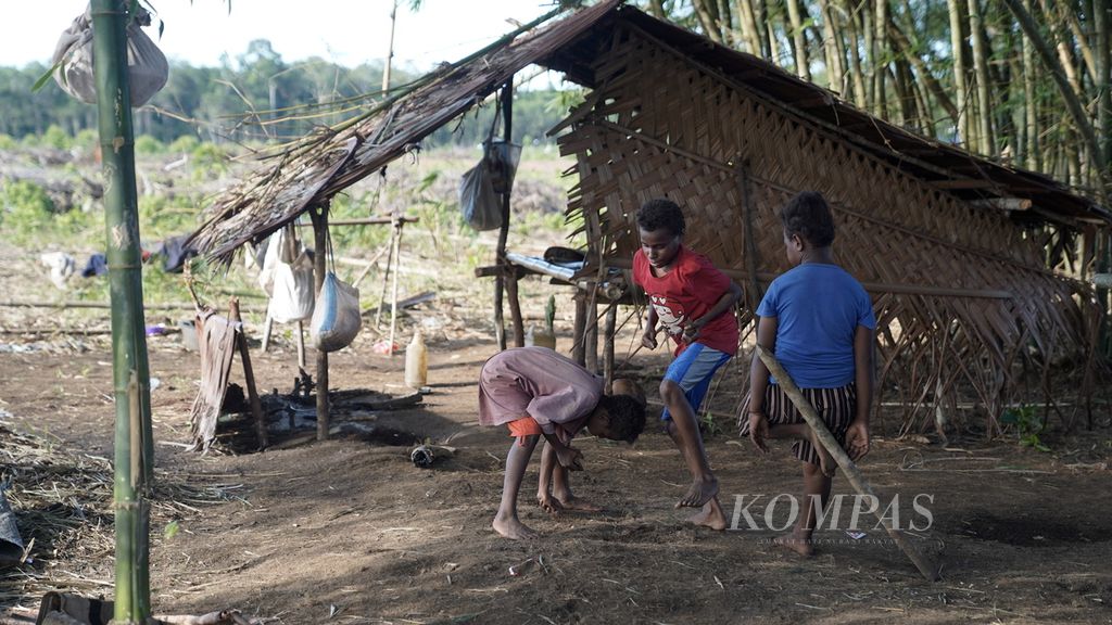 Anak-anak bermain di sekitar bivak di Distrik Animha, Kabupaten Merauke, Papua, Jumat (11/11/2022). Anak-anak terbiasa hidup di bivak dari kecil. Selama enam hari warga berada di bivak untuk mencari dahan dan ranting tebangan hutan yang biasa di sebut leles dan menjualnya kepada perusahaan. Satu kubik tumpukan leles dibeli Rp 80.000. 