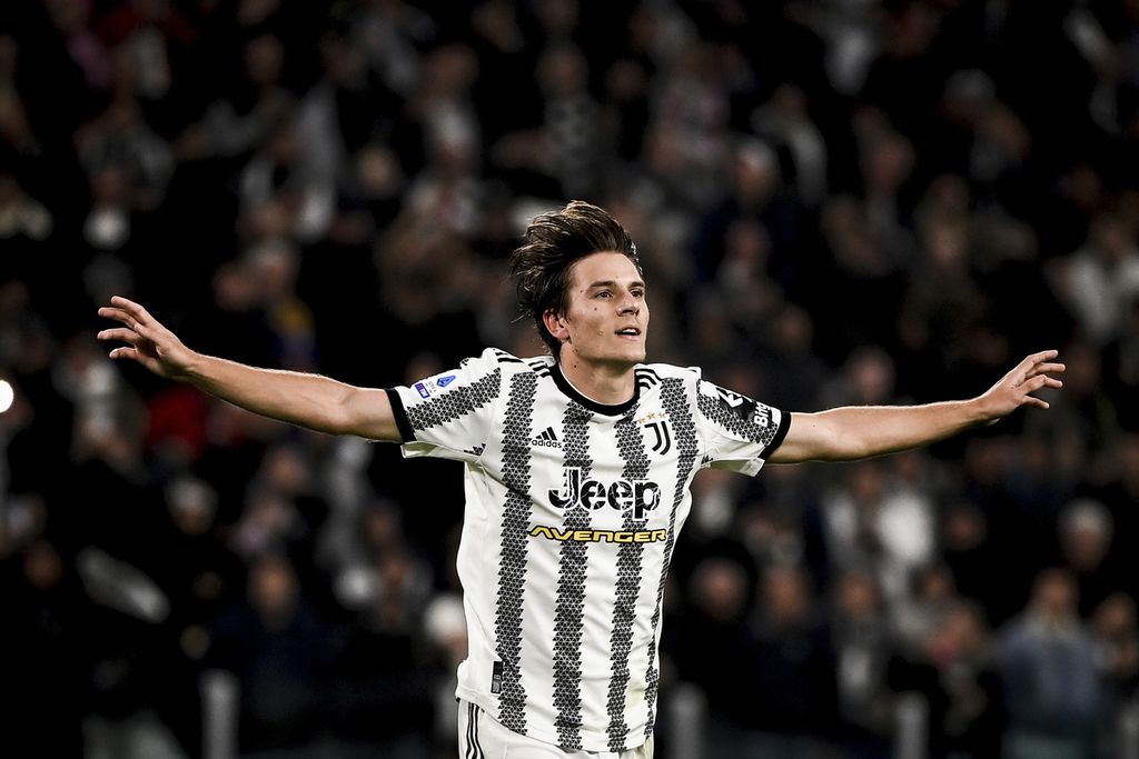 Juventus midfielder Nicolo Fagioli celebrates after scoring a goal during a Serie A match between Juventus and Inter Milan at Juventus Stadium, Turin, Italy, on November 6, 2022. Fagioli has made the provisional list of 30 players for the Italy national team for the 2024 European Cup, despite having just completed a seven-month ban from competing due to a gambling scandal.