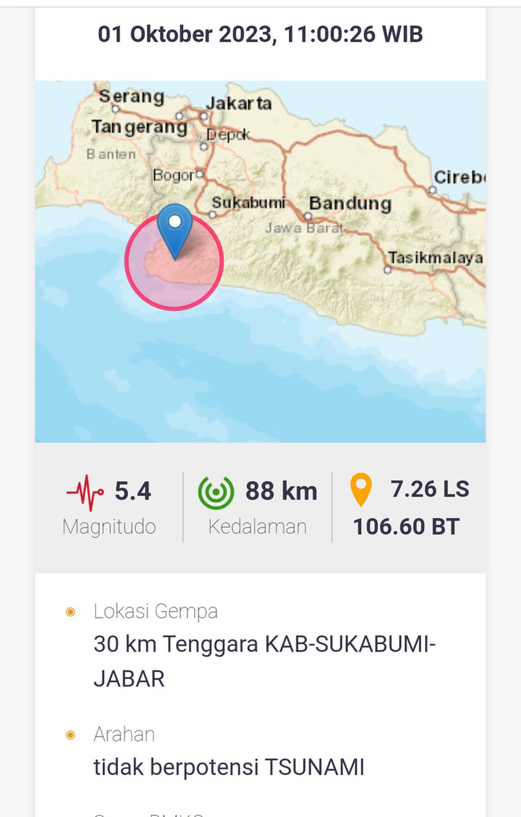 Tangkapan layar gempa Sukabumi dari situs resmi BMKG.