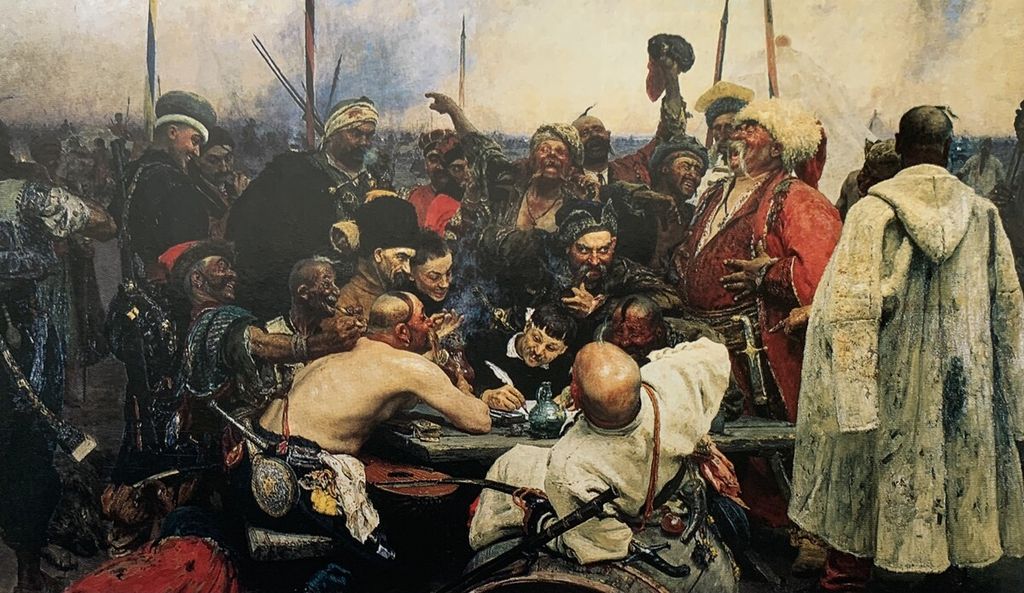 Lukisan Perang Rusia: Pejuang Zaporozhye Cossack sedang menulis surat olok-olok kepada Sultan Turki.