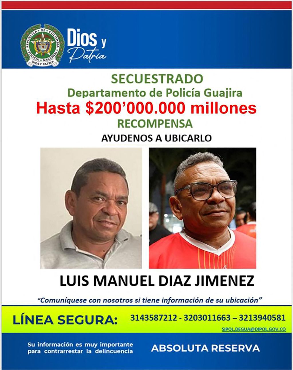 Selebaran yang diterbitkan Kepolisian Nasional Kolombia pada Minggu (29/10/2023) menawarkan imbalam 200 juta peso Kolombia (atau sekitar 50.000 dollar AS) untuk informasi terkait penculikan Luis Manuel Diaz (yang ada di dalam gambar). Manuel adalah ayah dari pemain Liverpool Luis Diaz, yang diculik pada Sabtu (28/10/2023).