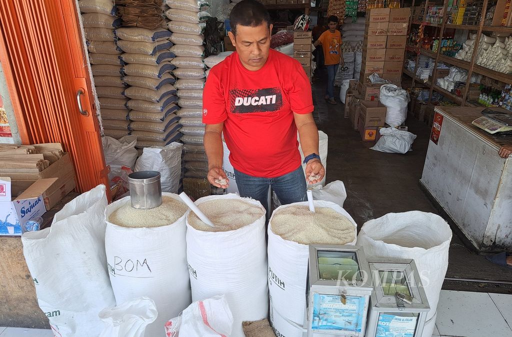 Pembeli sedang memilih beras di salah satu toko beras di Pasar Raya Padang, Kota Padang, Sumatera Barat, Kamis (29/2/2024). 