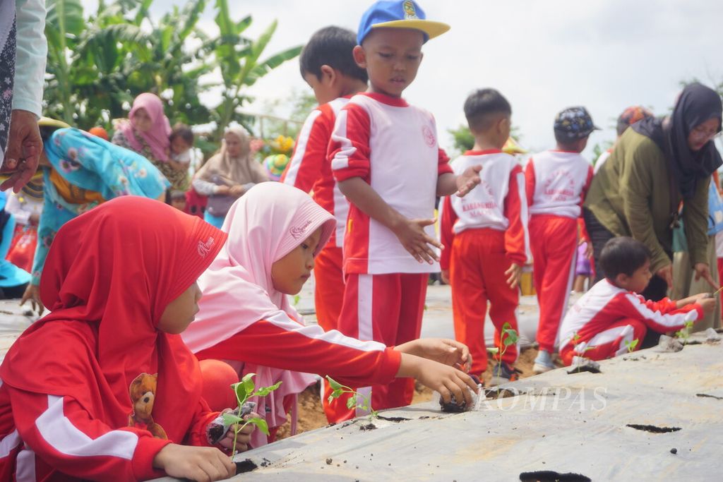Anak-anak TK dan PAUD se-Kecamatan Maos menanam cabai di Kampung Kreatif Karisma Pertamina di Desa Karangrena, Kecamatan Maos, Kabupaten Cilacap, Jawa Tengah, Rabu (28/2/2024).