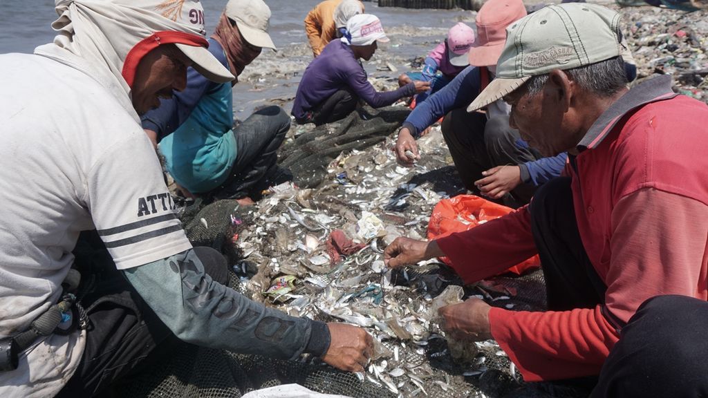 Nelayan memilah ikan di antara tumpukan sampah di kawasan pesisir Kelurahan Sukaraja, Kecamatan Bumiwaras, Kota Bandar Lampung, Lampung, Jumat (13/9/2019). Banyaknya sampah plastik yang berasal dari rumah tangga ini berdampak pada menurunnya hasil tangkapan nelayan.