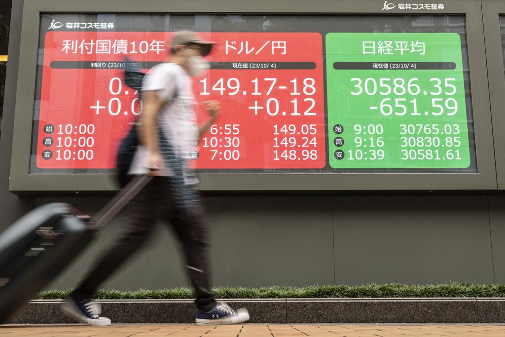 Pejalan kaki melintas di depan papan yang menunjukkan nilai tukar mata uang Jepang, yen, di Tokyo Stock Exchange, 4 Oktober 2023. 