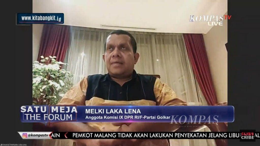 Anggota Komisi IX DPR dari Fraksi Partai Golkar, Melkiades Laka Lena, pada acara Satu Meja the Forum yang disiarkan Kompas TV, Rabu (1/12/2021) malam.