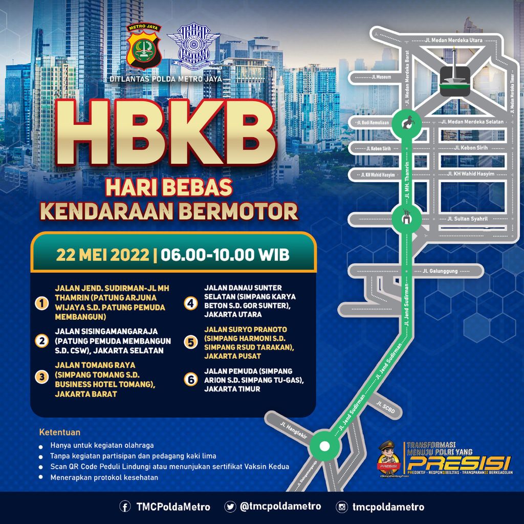 Peta penyelenggaraan <i>car free day</i> atau hari bebas kendaraan bermotor di Jakarta mulai Minggu (22/5/2022).